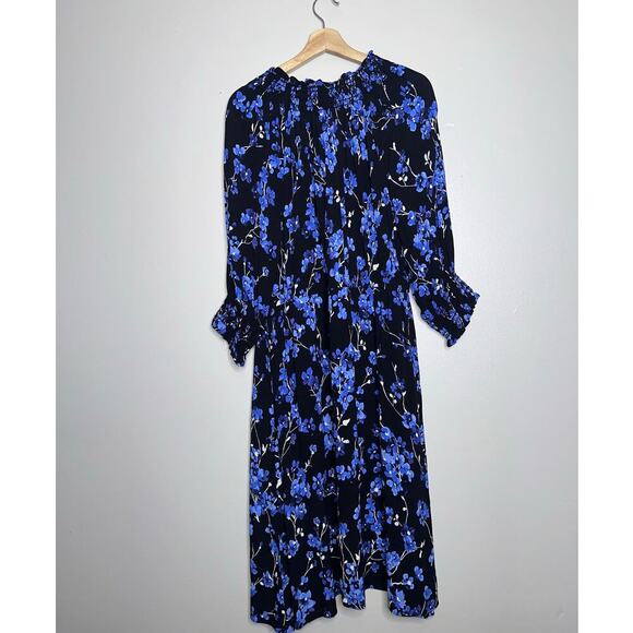 Talbots Smocked Midi Dress XL Petite Blue Floral Print Black Long Sleeve V-Neck - Picture 7 of 7